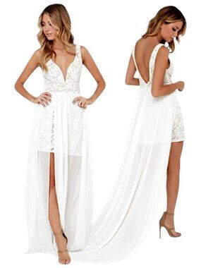 Ark & Co Lace High Low Maxi Dress White Deep V Bridal S